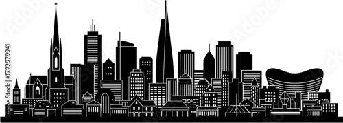 City skyline silhouette on white background