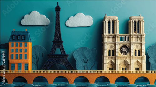 Dreamy Paris cityscape featuring the Eiffel Tower, Notre Dame, and charming architecture, perfect for travel blogs and creative projects, a whimsical escape.