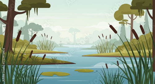 Lush Green Cattails and Reeds Growing in a Serene Swamp Landscape.