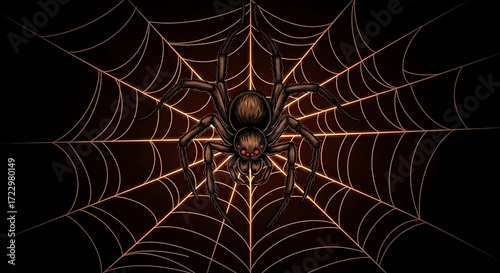 Creepy brown spider with red eyes lurking in a glowing golden web