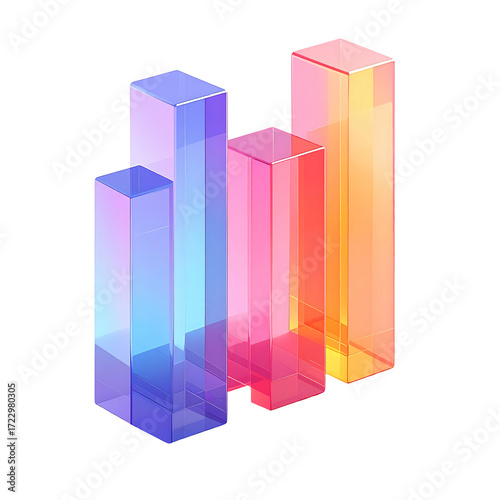 Isometric translucent glass bars in vibrant gradient hues of pink, purple, orange, and blue, suggesting data visualization or progress