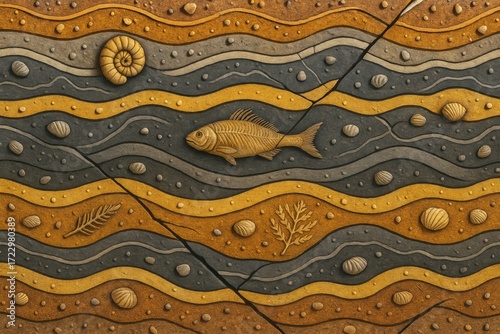 Fossil fish and shells embedded in colorful sediment layers illustrating geological time and evolution in a creative science background concept. Ai generative