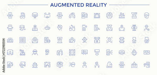 Augmented Reality icon collection. Icons for website. Featuring glasses, ar, digital, 3d, virtual, augmented reality. Signs for web and mobile app. Virtual icon collection.