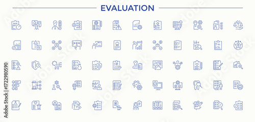 Evaluation vector icon set. Collection of simple line web icons. Includes thin line symbols inspection, analysis, survey, approve, verification. Vector artwork and illustration. Survey line icon set.