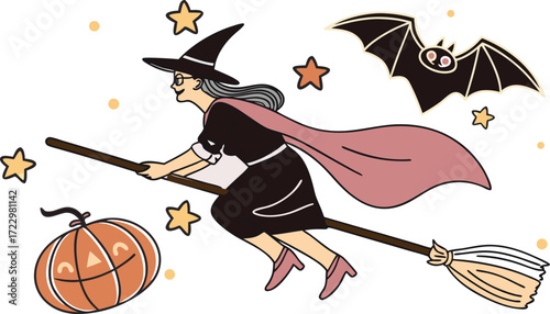 Halloween Witch Flying on Broomstick with Pumpkin, Bat and Stars
