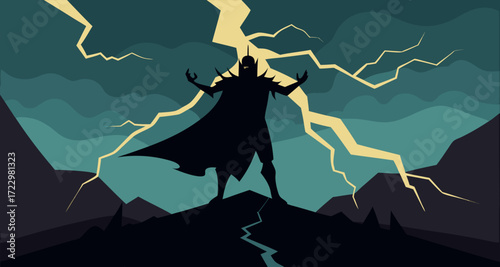 Heroic mage silhouette conjuring lightning bolt
