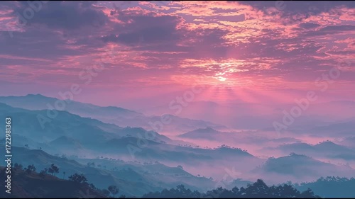 Cinematic sunrise over misty mountains with moving clouds