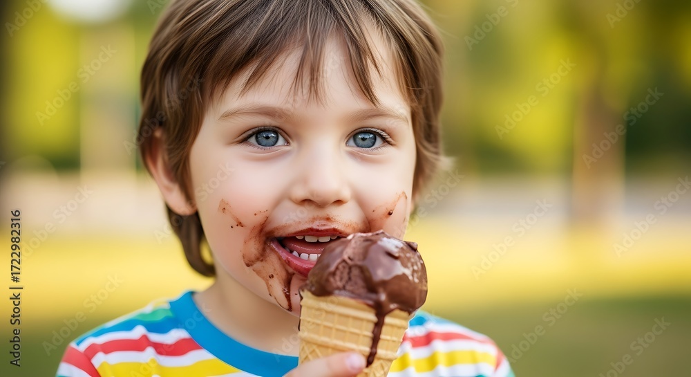 Naklejka premium Child enjoying delicious chocolate ice cream cone with joyful expression
