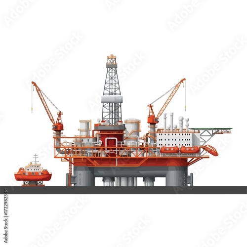Offshore oil drilling platform vector illustration featuring a support tugboat. Symbolizes global energy industry, marine engineering, and petroleum production