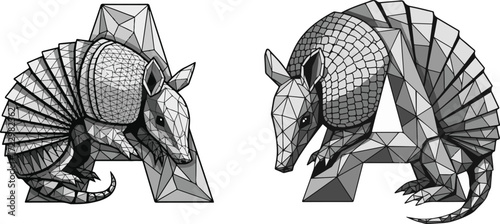 Geometric Armadillo and Letter A Fusion Design in Grayscale