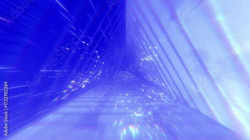 The flying through looped animation of the futuristic glowing and lighting blue color hyper loop immersive corridor created by 3D modeling procedural materials and objects for sci-fi beaut background.