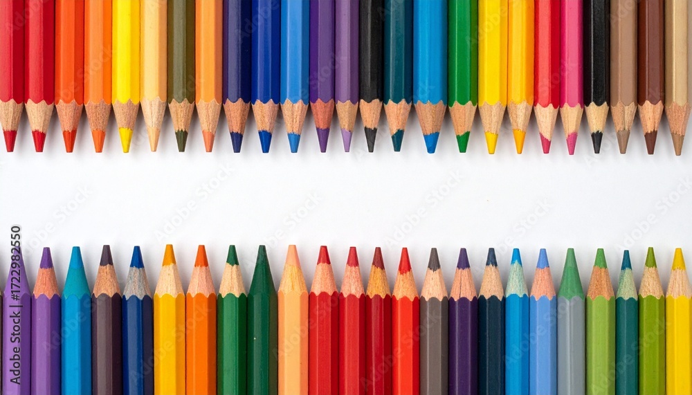 Fototapeta premium Colorful pencils arranged in two rows on white background