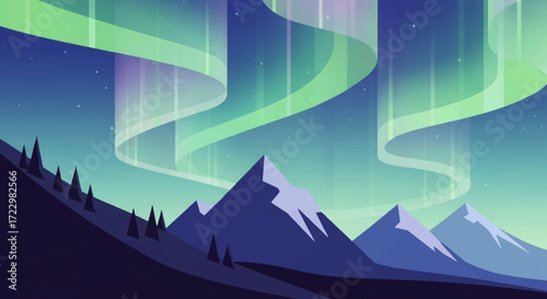 Majestic Aurora Borealis dancing over a serene mountain landscape at night.