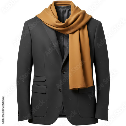 Stylish black suit jacket with a tan scarf draped over it on a black backdrop on transparent background