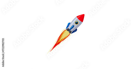 A retro red cartoon space rocket flying against a white background