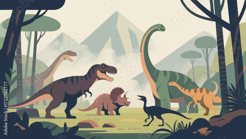 Illustration Of Various Dinosaurs In A Prehistoric Forest With A Smoky Mountain Background Vector Design Template