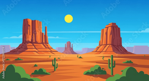 Majestic desert landscape with towering mesas and vibrant sky.
