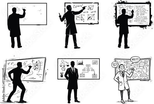 Whiteboard presentation vector, teacher and scientist illustration, business training clipart, academic explanation scene, black and white education set