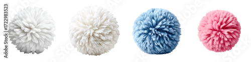 Colorful Pom Poms: White, Blue and Pink Fluffy Balls on White Background