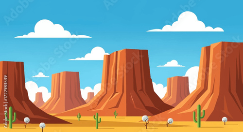 Majestic desert landscape with towering rock formations and sparse vegetation.