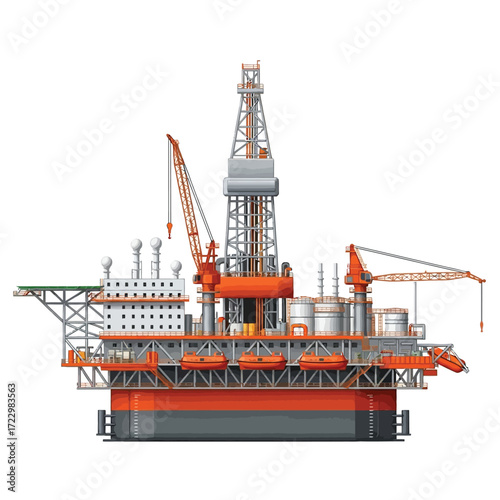 Dynamic illustration of a large offshore oil rig platform, a robust industrial structure used for drilling and extracting petroleum and natural gas from the seabed