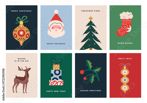 Christmas posters set. Festive greeting cards, winter holiday postcards with ...