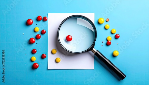 Magnifying glass over candy on blue