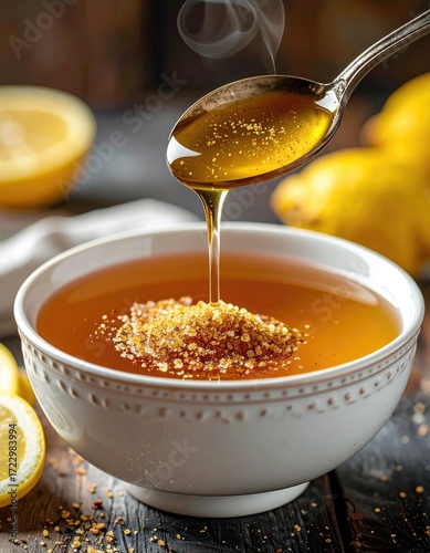 Honey drips from spoon into bowl with honeycomb