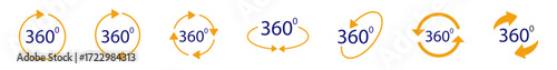 360 degree rotating arrow icon set with panorama, virtual view, and technology concept. Vector illustration with symbols, buttons, and camera elements on transparent background.