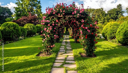Rose-covered archway garden path (1)