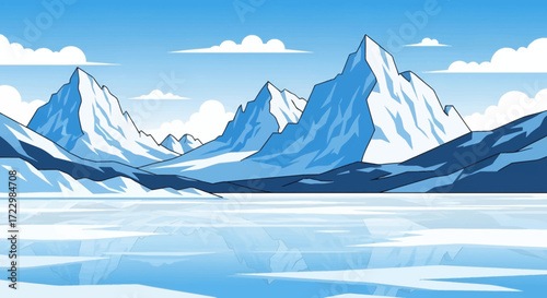 Majestic snow capped mountains reflected in a frozen lake under a clear blue sky.