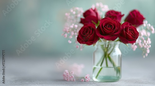 Dramatic Bouquet of Deep Red Roses in Clear Vase Against Soft Teal Background Romantic Still Life with Delicate Baby's Breath