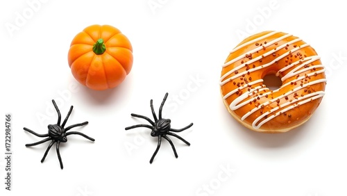 Delicious pumpkin spice donut with spooky spider decorations, perfect for Halloween celebrations on a clean white background