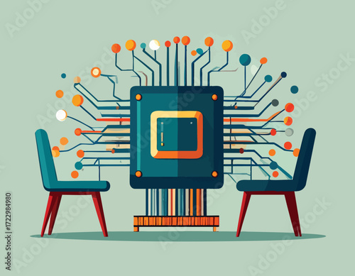 Illustration depicting a meeting centered around a neuromorphic chip, symbolizing collaborative efforts in advanced technological innovation and computing strategies