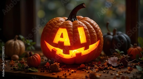 Citrouille d'Halloween illuminée avec lettres AI sculptées et sourire