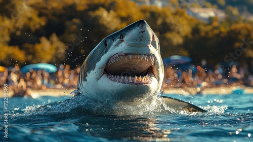 Menacing great white shark with mouth agape, emerging from the ocean depths near a crowded beach