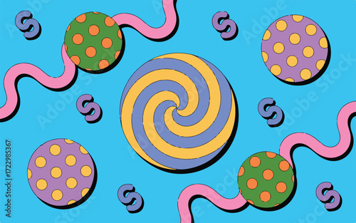 Psychedelic Swirl and Polka Dot Pattern with Wavy Pink Ribbons vector illustration