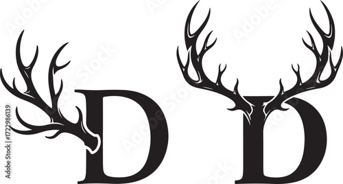 Monogram Letter D Design Featuring Stylized Deer Antlers, a Bold Black and White Graphic