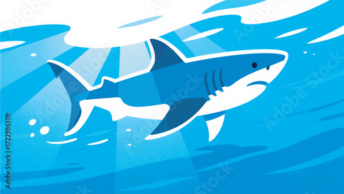Illustration Of A Great White Shark Near The Surface With Sunlight Shining Through The Clear Blue Water Vector Design Template