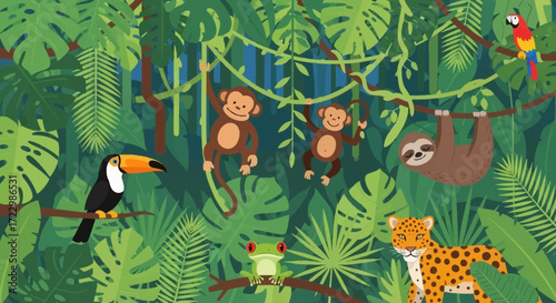 Monkeys, sloth, toucan, leopard, and frog in a vibrant jungle scene.