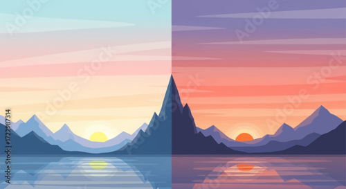 Mountainous landscape with a lake at sunrise and sunset.