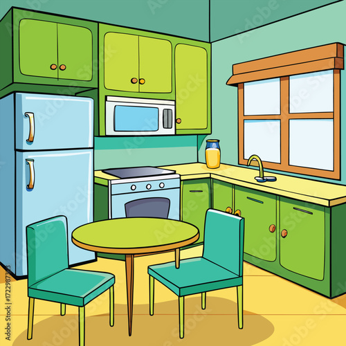 Bright modern kitchen illustration with refrigerator stove cabinets table and chairs