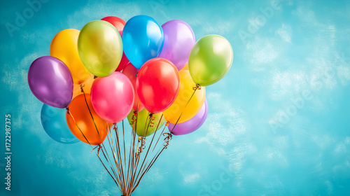 Colorful Balloons Bunch Against Textured Turquoise Background. Mock up promotion information for marketing announcements and details, blank white space.