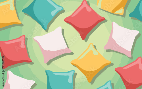 Scattered Colorful Square Pillows on a Soft Green Background cushions