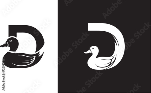 Monochromatic Graphic Logo Design Featuring Letter D and Duck
