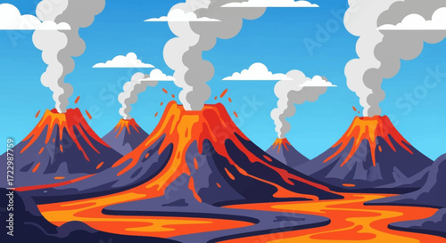 Multiple active volcanoes erupting with flowing lava and smoke.