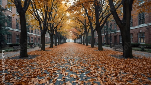 Picturesque university campus pathway lined with trees and covered in fallen leaves during autumn. A serene and symmetrical view of a college courtyard, evoking feelings of education and tranquility