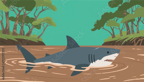 Illustration Of A Bull Shark Swimming In Brown River Water With A Greenish Background Vector Design Template