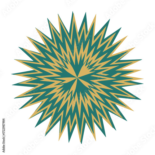Emerald & Gold Spiked Starburst Mandala,Two-Tone Radial Geometric Explosion,Symmetrical Green and Yellow Starburst,Geometric Star Pattern