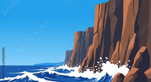 Ocean waves crashing against rugged cliffs under a clear blue sky.